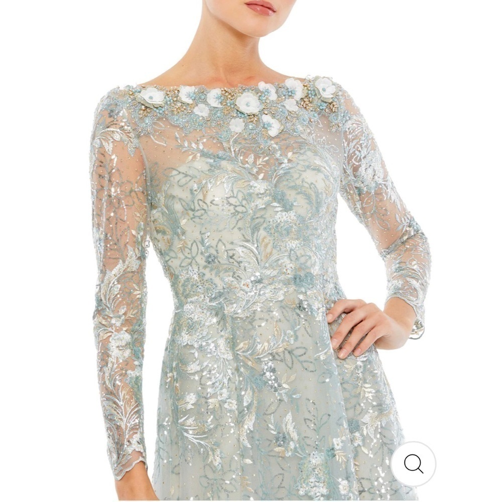Mac Duggal Pale Blue Floral Lace Long Sleeve Maxi Gown NWT